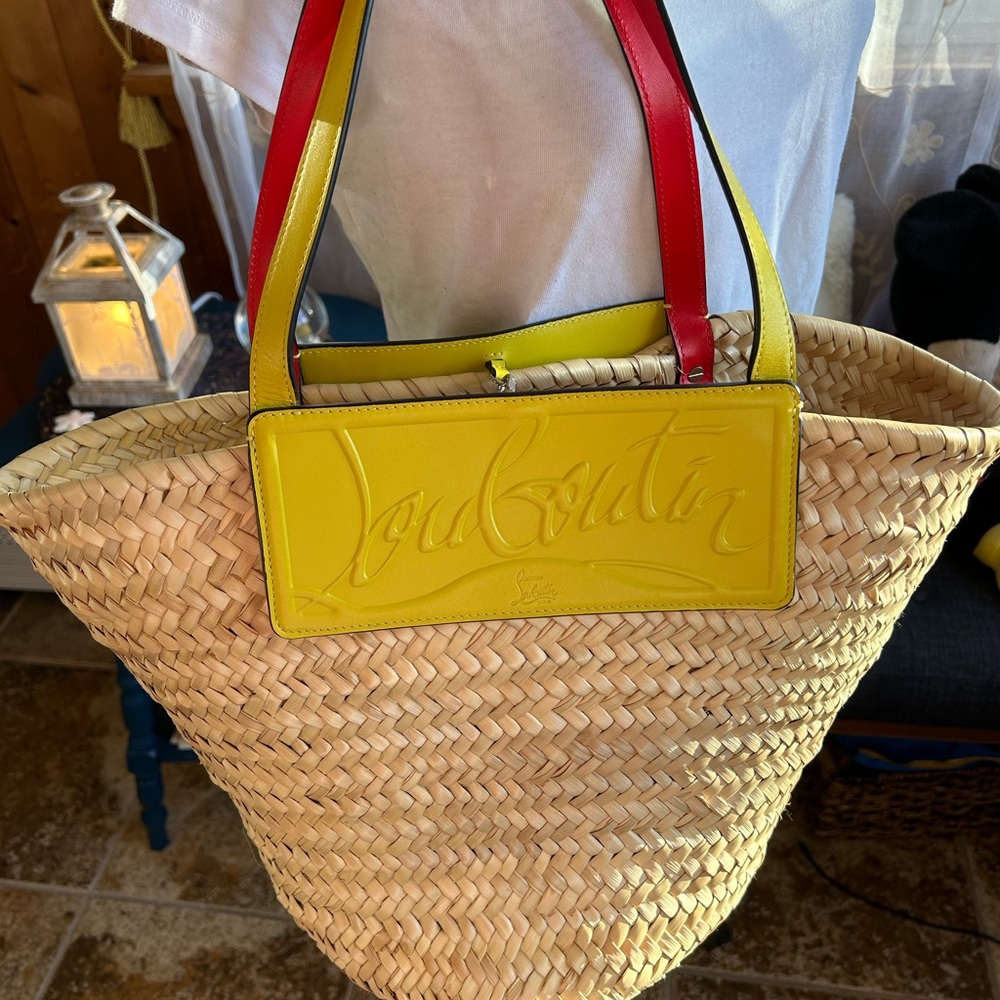 Christian Louboutin Tan Straw Tote with Yellow and Red Accents